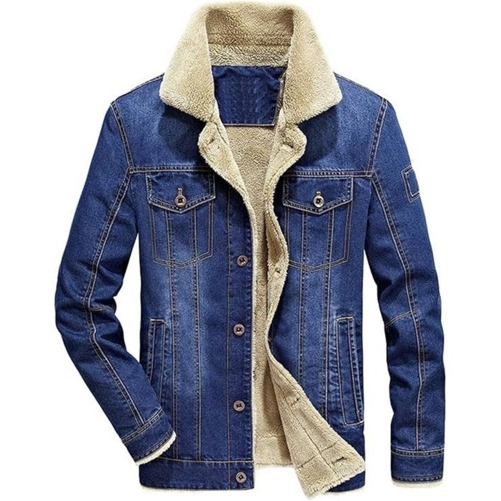 Men's Button Up Vintage Sherpa Fleece Lined Denim Biker Jacket Jean Coat -Medium
